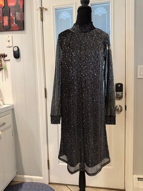 Nina Leonard Black Sequined Long-Sleeve Shift Dress
